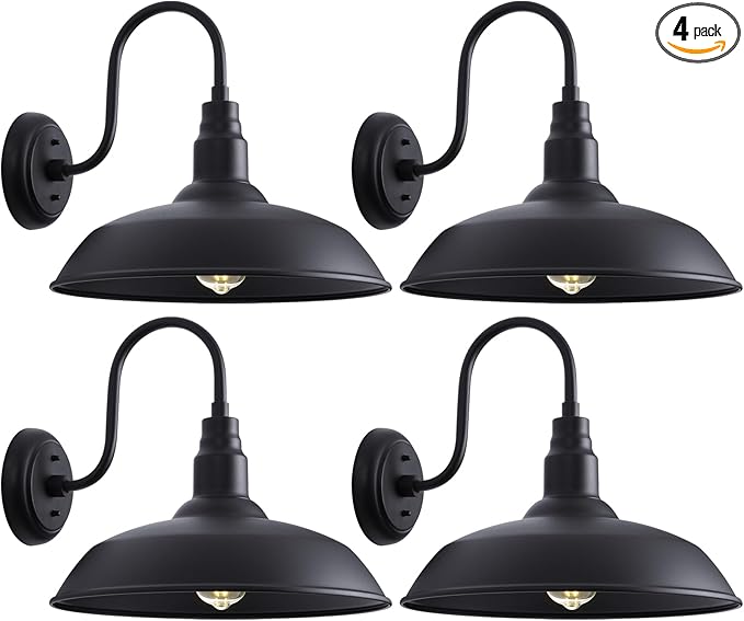 Large Black Gooseneck Barn Light for Farmhouse 16in Dome Outdoor Wall Lights for Porch 4 Pack Exterior Lighting Fixture with Goose Neck Arm for Front and Back Porch House Garage Door