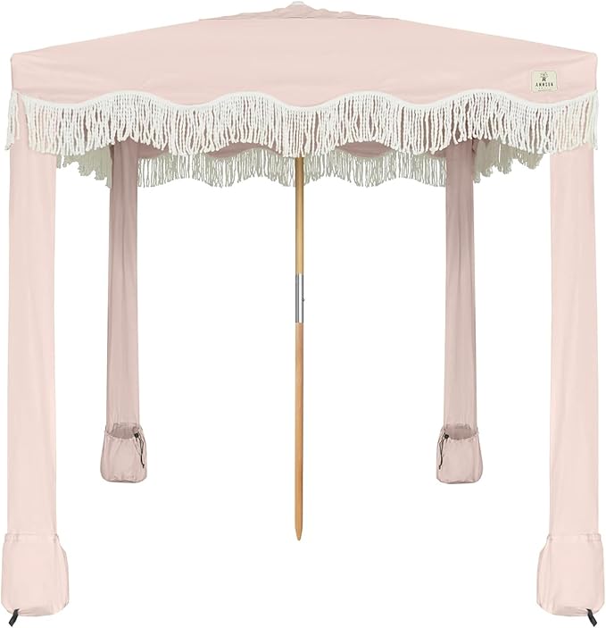 AMMSUN Beach Cabana with Fringe 6.5' x 6.5' Boho Beach Canopy with Tassels Easy Set up &amp Premium Wood Pole Cabana Tent with Sand Pockets Instant Sun Shade for Sand Garden Patio Pink Coral