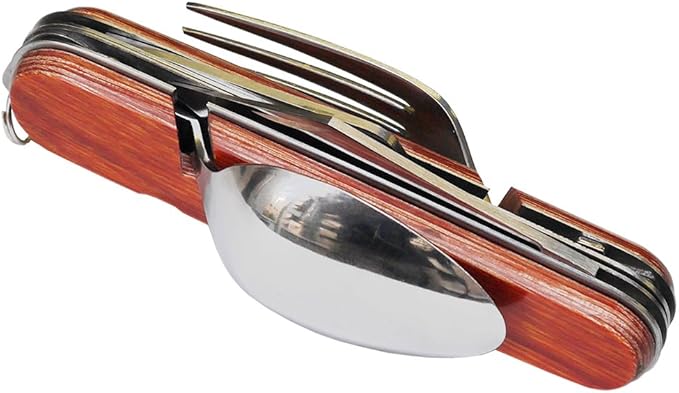 Northman Cutlery Outdoor Use Multi-functional Knife Foldable Includes Spoon and Fork Drawing Tea Plywood Made in Japan