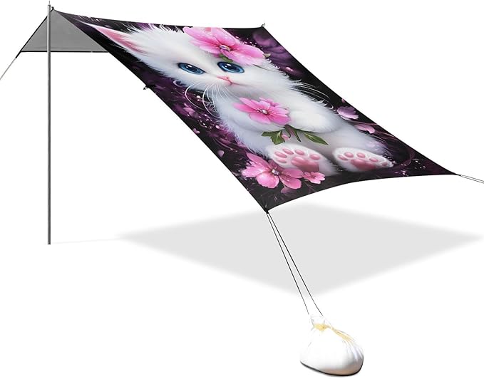 ALAZA Cute Cat Kitten Pink Flower Beach Tent Sun Shelter UPF50+ Protection Beach Shade Canopy w/ 4 Sandbags for Outdoor Camping Fishing Backyard Fun Picnic 10x9 ft