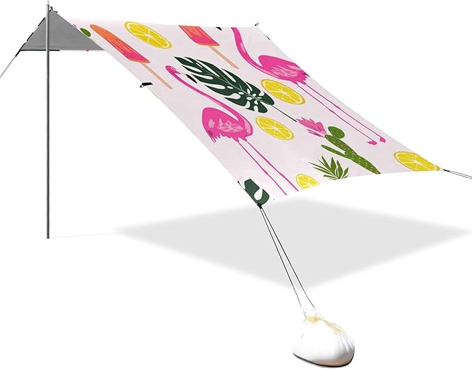 Beach Canopy with Windproof Ropes &amp Sandbags Beach Tent Sun Shade Sun Shelter for Camping Trips Fishing Backyard Fun or Picnics Flamingos