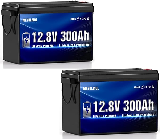 2 Packs 12V 300Ah LiFePO4 Lithium Battery Upgraded 200A BMS System Up to 15000+ Cycles Life 3840Wh Rechargeable Lithium Battery with Low-Temp Protection for RV Solar Marine Solar Panel Camping