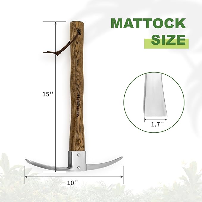 Haliaeetus Pick Axe Stainless Steel Mattock with Sharp Pick and Cutting Edge for Breaking up Heavy Clay Soil and Removal of Difficult Weeds Garden Pick with Wood Handle for Digging Loosening Soil