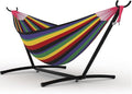 TrailBlaze Double Hammock with Heavy Duty Steel Stand – Portable &amp Space-Saving Comfortable Polyester Cotton 600 lbs Capacity for Indoor or Outdoor Use Carry Bag Included – Black Rainbow Strip