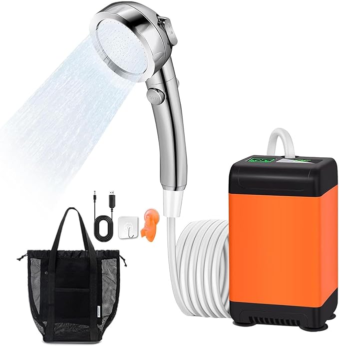 Camp Shower Pump 7800mAh Rechargeable Shower Pump 3 Spray Modes Camping Shower Head for Outdoor Pet Bath RV Hiking Beach