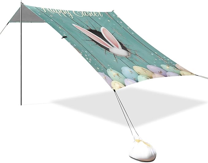 Happy Easter Beach Canopy Sun Shelter with Sandbags &amp Sand Shovel &amp Windproof Ropes - Portable 110x126 Beach Shade Beach Tent for Camping Picnics