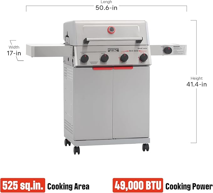 Monument Grills 4+1 Burner Stainless Steel 525 sq.in Propane Gas Grill 49000 BTU Assembles in 30 Mins Outdoor Mesa 2 Patio Grill with Broil Zone Side Burner Foldable Side Shelf Mesa II 415BZ