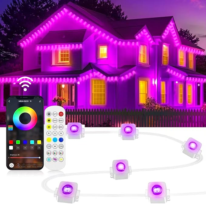 Permanent Outdoor Lights Pro 50ft RGB LED Eaves Lights IP67 Waterproof with Smart App&ampRemote Controlfor ChristmasParty Daily Halloween and All Holiday Decor