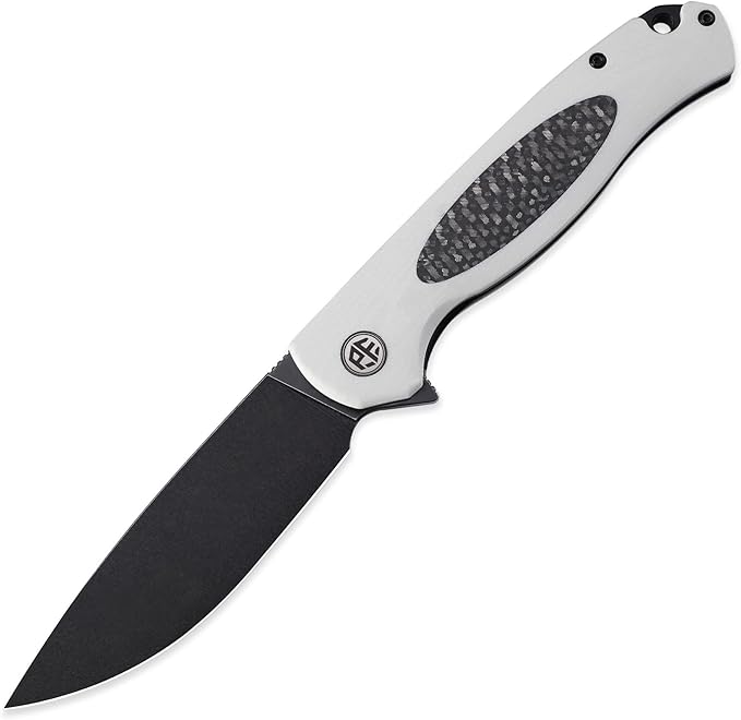 Petrified fish PFB03 Stamp Pocket Knife 3.58 D2 Black Stonewashed Blade 4.79 oz G10 Handle Flipper Liner lock Folding Knife (White &amp Black Stonewashed)