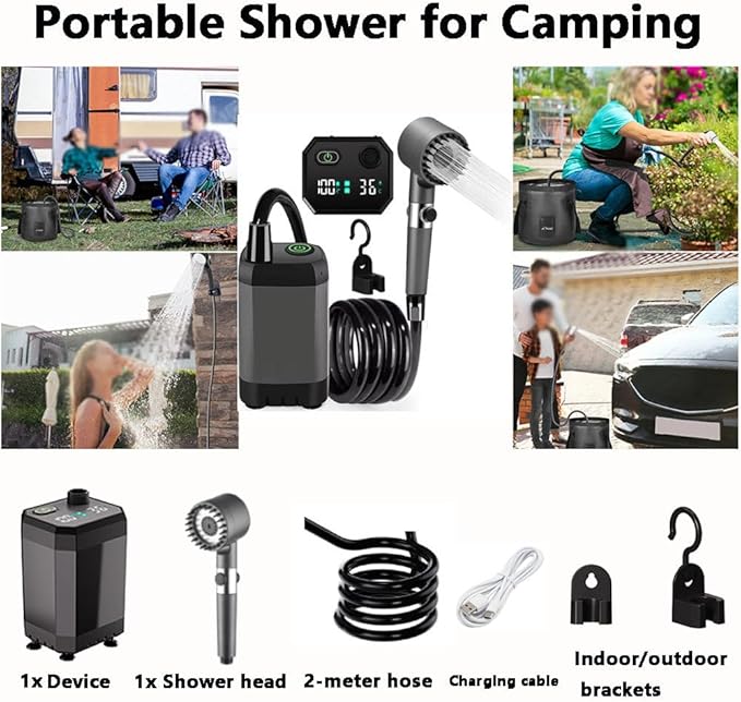 Portable Shower for Camping 6000/12000mAh Rechargeable Camping Shower with Intelligent Digital Display Camping Shower Pump with Power Display for Hiking Travel Car Pet Green6000mAh