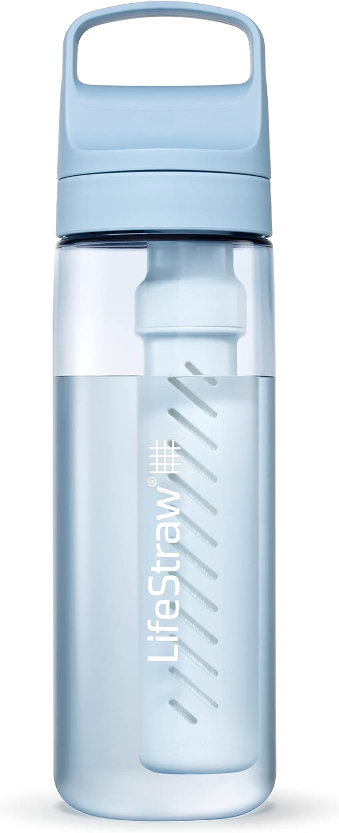 LifeStraw Go Series – BPA-Free Water Filter Bottle for Travel and Everyday use removes Bacteria parasites and microplastics Improves Taste 22oz Icelandic Blue