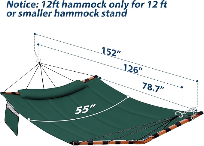 12FT 2 Person Hammock TegerDeger Large Hammock 450LB Capacity with V Shaped Hardwood Spreader Bar &amp Nylon Rope for Outside Patio Garden Backyard Beach Poolside - Dark Green
