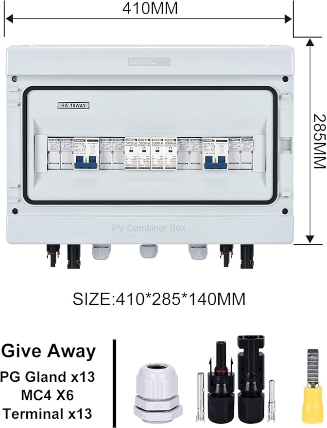 DIHOOL PV Solar Combiner Box with Lightning Surge Protector Arrester 4 String 4 in 2 Out 25A 500V DC Breaker Fuse Inline Box for 4 Arrays and 2 Inverters