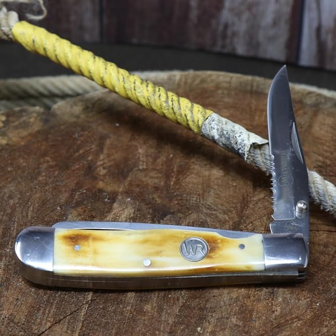 WHISKEY BENT HAT CO. Trapper Folding Pocket Knife with Hoofpick 4.125 Closed Length 440C Stainless Steel Blades (Smooth Burnt Bone)