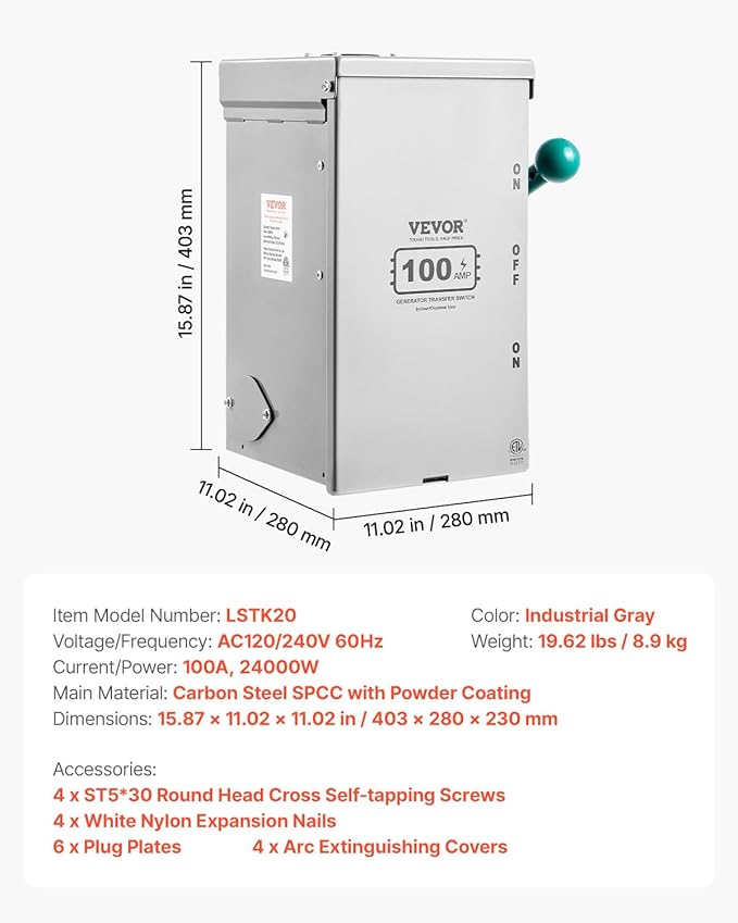 VEVOR 100A Manual Transfer Switch Generator Transfer Switch for Home 24000W Double-Throw Safety Switch NEMA 3R Outdoor/Indoor ETL Certified