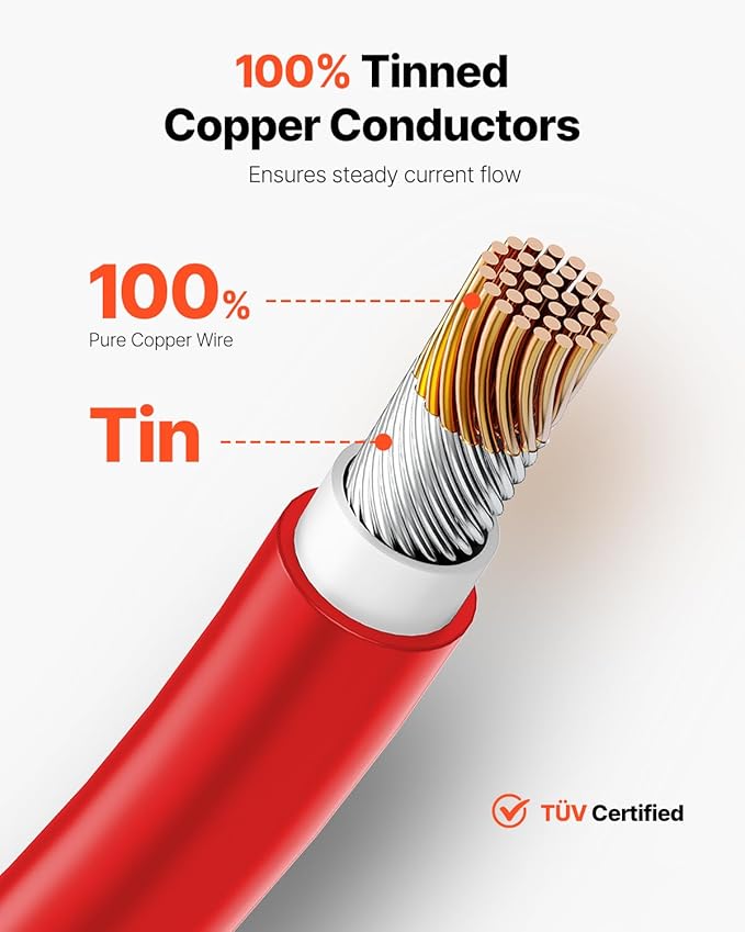 VEVOR 100FT Solar Panel Wire 10AWG Tinned Copper PV Cable 6mm² IP67 Waterproof XLPE Insulation Outdoor Extension Cord for RV Boat Home Solar Red