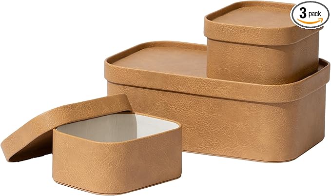 La Jolie Maison Vegan Leather Storage Boxes with Lids Set of 3 Decorative Storage Containers Organize Stackable Storage Box Camel