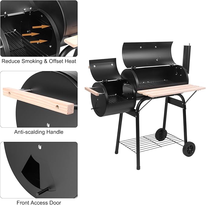 Large Charcoal Grill with Offset Smoker and Wood-Painted Side Table Outdoor Smoker Grill with 811 Sq. In. Cooking Area for Outdoor Patio Barbecue Camping Parties Event Black