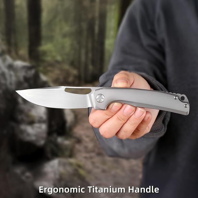 Pocket Knife 3.5 M390 Blade Folding Knife Hunting Knife with Titanium Handle and Pocket Clip EDC Knives for Hunting Camping Survival Outdoor Fishing Hiking（Grey）