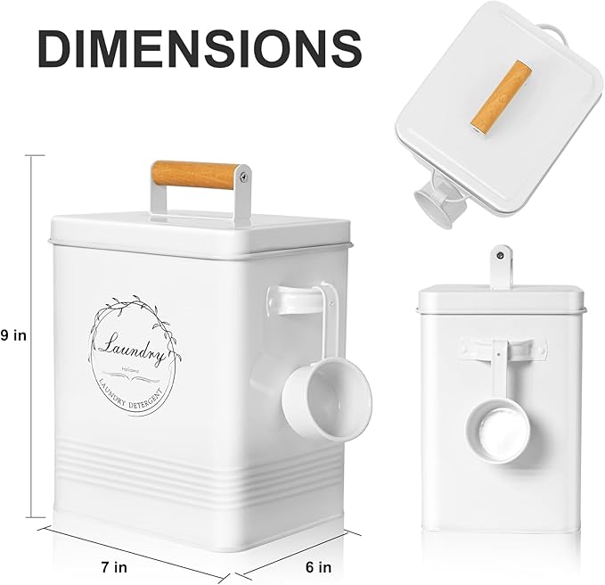 Laundry Detergent Container for Laundry Room Organization and Storage Modern Farmhouse Metal Laundry Decor Scent Boosters Beads Dispenser With Lid and Hand Scoop Pods Holder Bin White