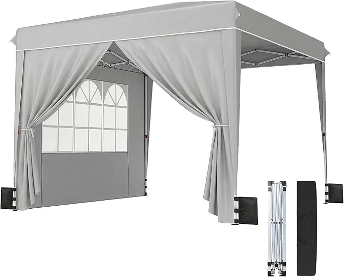 Outsunny 10 x 10 ft Pop Up Canopy Tent with Sidewalls UPF50+ Outdoor Portable Instant Canopy Shelter with Carry Bag Sandbags Adjustable Height for Parties Events Camping Light Gray