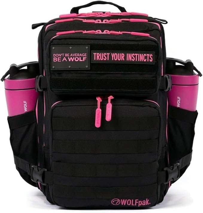 WOLFpak 25L Athletic Gym Backpack (Black Neon Pink) Durable 1000D Waterproof Oxford Material with MOLLE Webbing Laptop Pocket &amp Dual Cup Holders