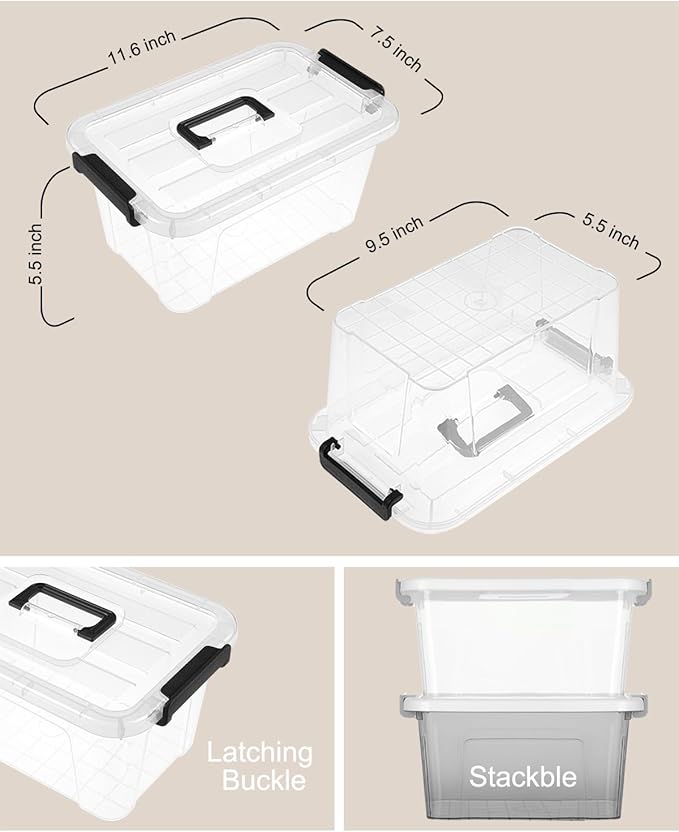 NUMIFUN Plastic Storage Bins with Lids 6 Pack Storage Organizer 7 Quart Stackable Storage Bins with Buckle-Up Latches and Handle Storage totes easy for Home Office Pantry Organization Clear Lids