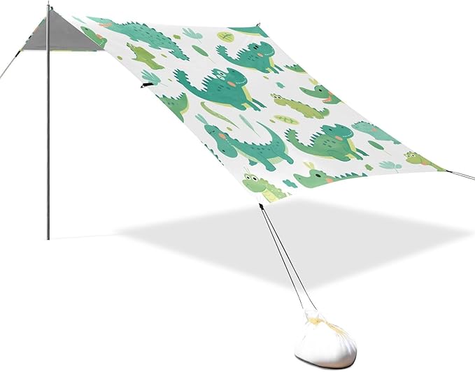 Cute Cartoon Crocodile Alligator Watercolor Beach Cabana Tent UPF50+ Water-Resistant Large Portable Sun Shelter with Sand Pockets for Camping Fishing Backyard Fun