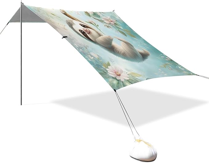 ALAZA Cute Sloth Animal Daisy Beach Tent Sun Shelter UPF50+ Protection Beach Shade Canopy w/ 4 Sandbags for Outdoor Camping Fishing Backyard Fun Picnic 10x9 ft