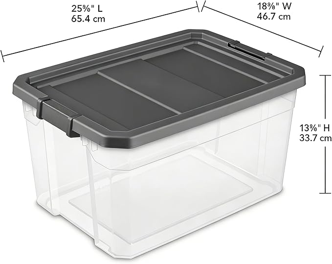 76 Quart Heavy-Duty Stacker Box – Clear Plastic Storage Bin with Secure Latch Lid Ideal for Home Garage Closet &amp Basement Organization Dark Gray (1)