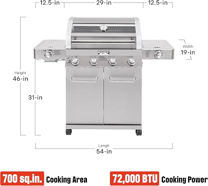 Monument Grills Larger 4-Burner Propane Gas Grills Stainless Steel Cabinet Style with Infrared Side Sear &amp Side Burners with Cooking Plate(2 Items) Outdoor Use
