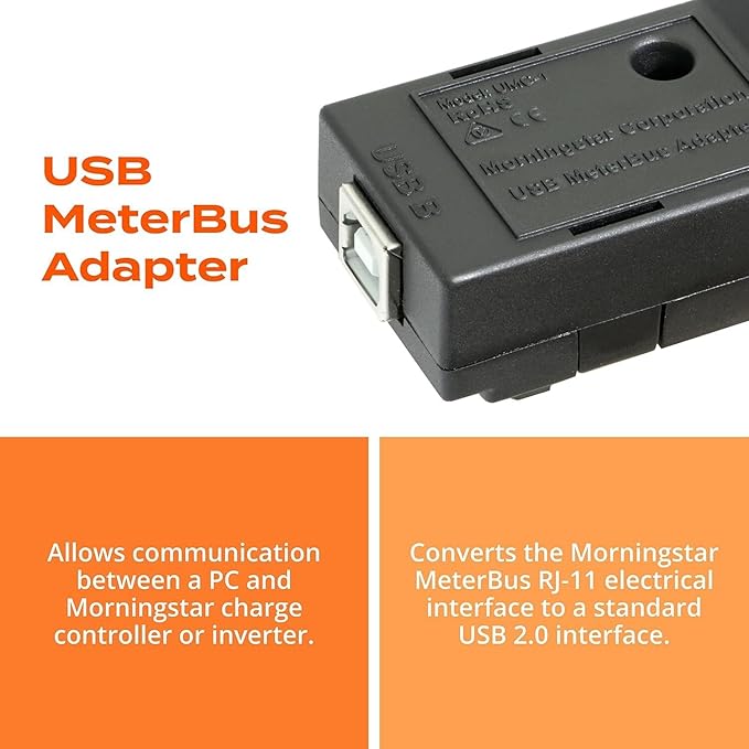 Morningstar USB MeterBus Adapter (UMC-1) - Converts a Morningstar Product's RJ-11 Electrical Interface to USB 2.0 Interface - Allows Communication Between PC and Charge Controller or Inverter