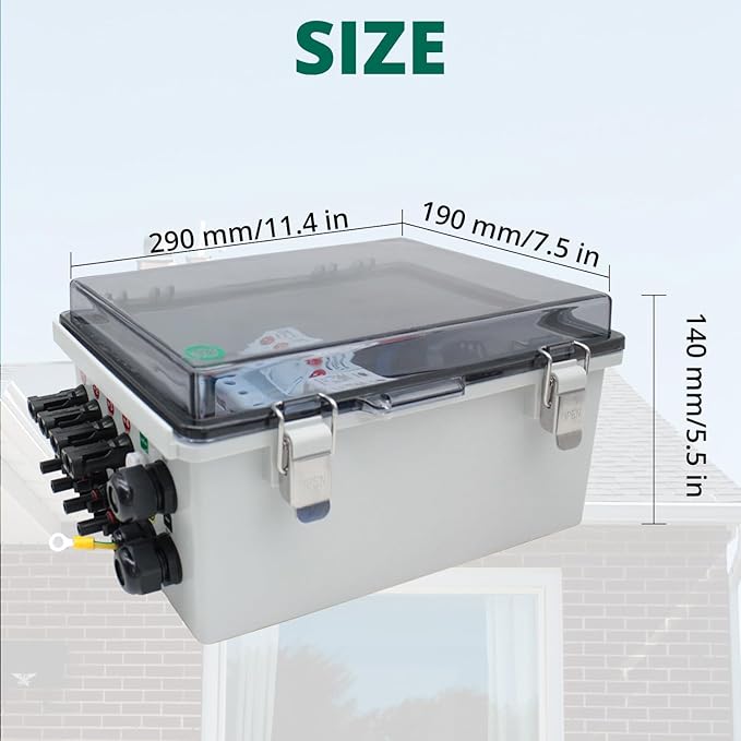 4 String PV Combiner Box Solar Combiner Box with Lightning Arreste 15A Rated Current Fuse and Circuit Breaker Waterproof Combiner Box for On/Off Grid Solar System(Transparent with Lock)