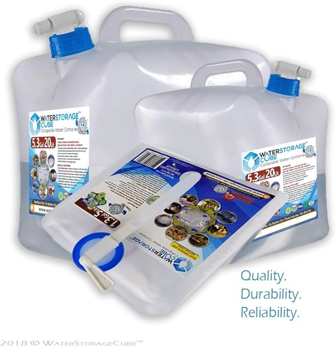 WaterStorageCube BPA Free Collapsible Water Container with Spigot Camping Water Storage Carrier Jug for Outdoors Hiking Backpack &amp Survival Kit Foldable Portable Water Canteen 1.3/2.6/5.3 Gallon