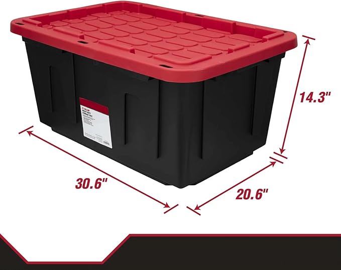K&ampJ CHIPMUNK 27 Gallon Stackable Snap Lid Plastic Storage Bin Container Black with Red Lid Set of 4