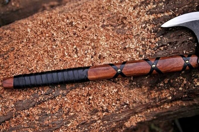 Viking Axe | Hand-Forged Carbon Steel Tomahawk with Rosewood Handle &amp Leather Sheath Bearded Axe for Camping Bushcraft Throwing Gifts for Men (Brown)