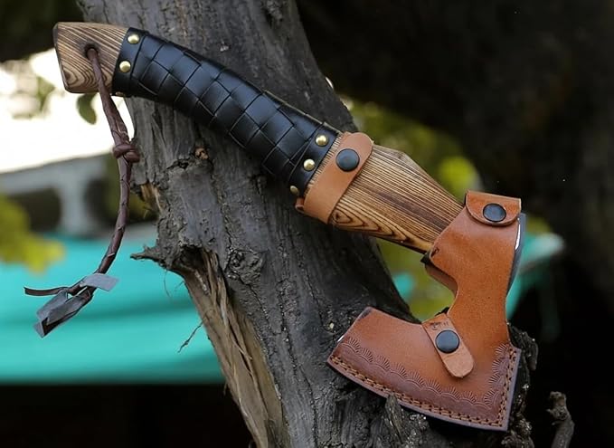 Viking Axe Ashwood Handle Handmade Carbon Steel Blade Outdoor Camping Hunting Norse Hatchets Axes with Black Leather Wrapped Handle &amp Leather Sheath Wood Splitting Axes