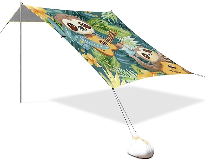 ALAZA Tropical Backdrop Sloth Playing Ukulele Cartoon Seamless Beach Tent Sun Shelter Portable Canopy Sunshade for Outdoor Camping Picnics Backyard Fun 10x9 ft