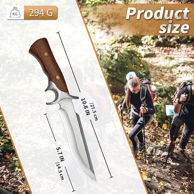 12.2 Fixed Blade Outdoor Knife 9Cr18 Stainless Steel Hunting Knife with Damascus Pattern Ergonomic Wood Handle &amp Embossed Leather Sheath Survival Utility Tool for Camping Hiking &amp Fishing