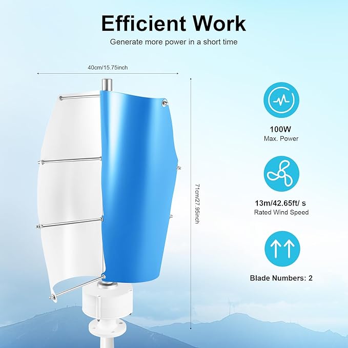 Wind Turbine 100W 42.65ft/s 2 Blades Vertical Axis Wind Turbine Generator Home Windmill Kit Hybrid Wind System with Controller for Home Business Industrial Energy Supply (100W 12V White + Blue)