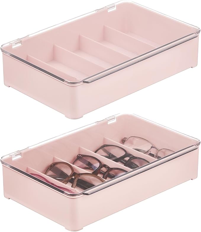 mDesign Plastic Stackable Eyeglass Case Storage Organizer with Hinged Lid for Unisex Sunglasses Reading Glasses Fashion Eye Wear Protective Glasses 5 Sections Ligne Collection 2 Pack Light Pink