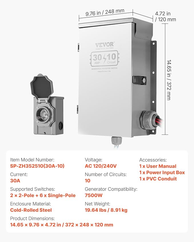 VEVOR Manual Transfer 30-Amp 10-Circuit Prewired Generator Transfer Kit with NEMA L14-30P Power Inlet Box Double-Throw NEMA 3R Mechanical Watt Meter for 7500W Generators