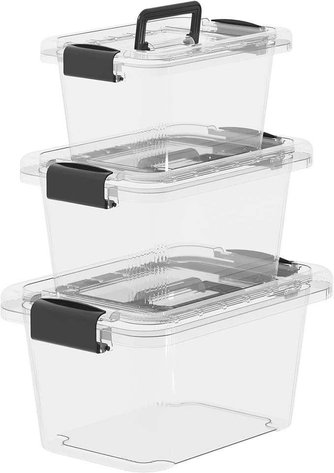 Cetomo Storage Boxes Storage Box with Lids and Handle for Home Dorm Office Organization Stackable Nesting Tote Container Plastic Clear 6L 10L 18L-3 Pack