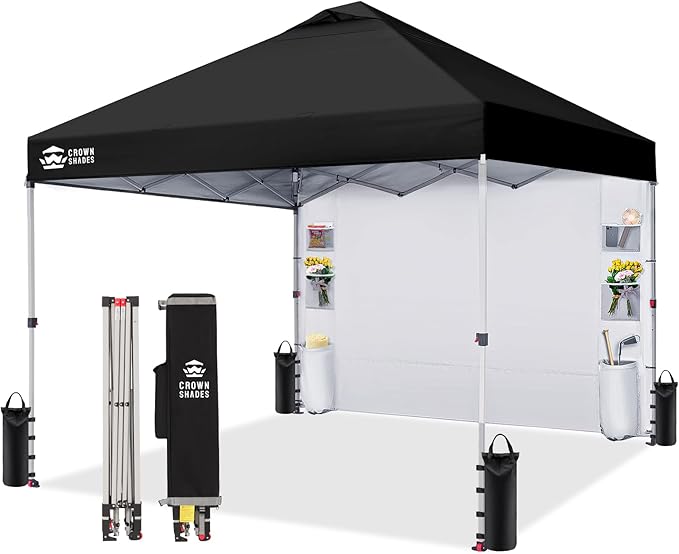 CROWN SHADES Canopy Tent 10 x 10 Foot Portable Pop Up Outdoor Shelter with Pocket Sidewall Push Center Lock UV Protection and Carry Bag Black