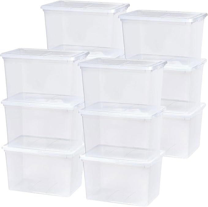 IRIS USA 12-Pack Storage Bins with Lids 68 Quart Clear Stackable Containers Box Organize Shoes Closet Shelves Clothes Blankets Towels - BPA-Free Plastic
