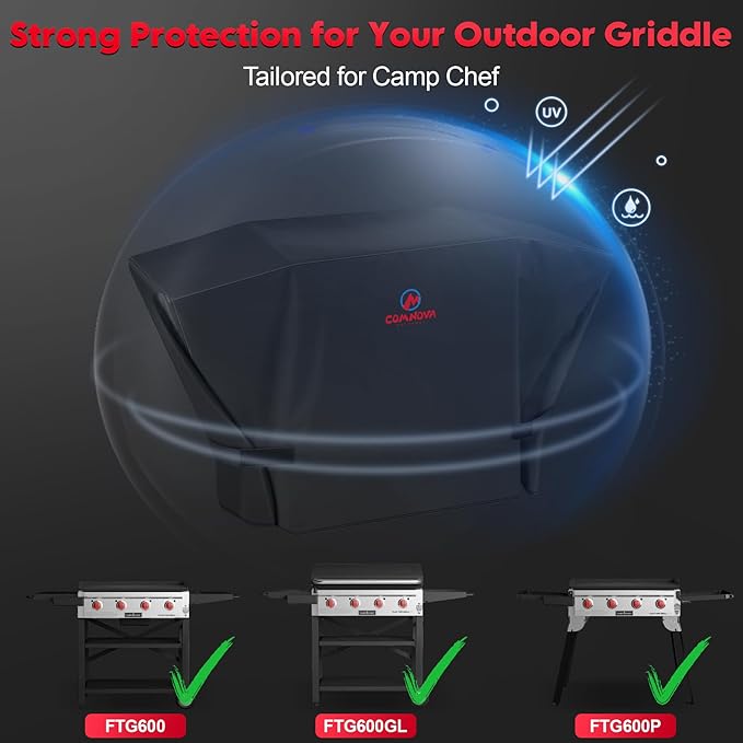 Comnova Griddle Cover for Camp Chef FTG600 - Premium 600D Outdoor Flat Top Grill Cover Heavy Duty &amp Waterproof for Camp Chef 4 Burner Griddle FTG600 FTG600P and FTG600GL - 63.5 x 22 x 36 Inch