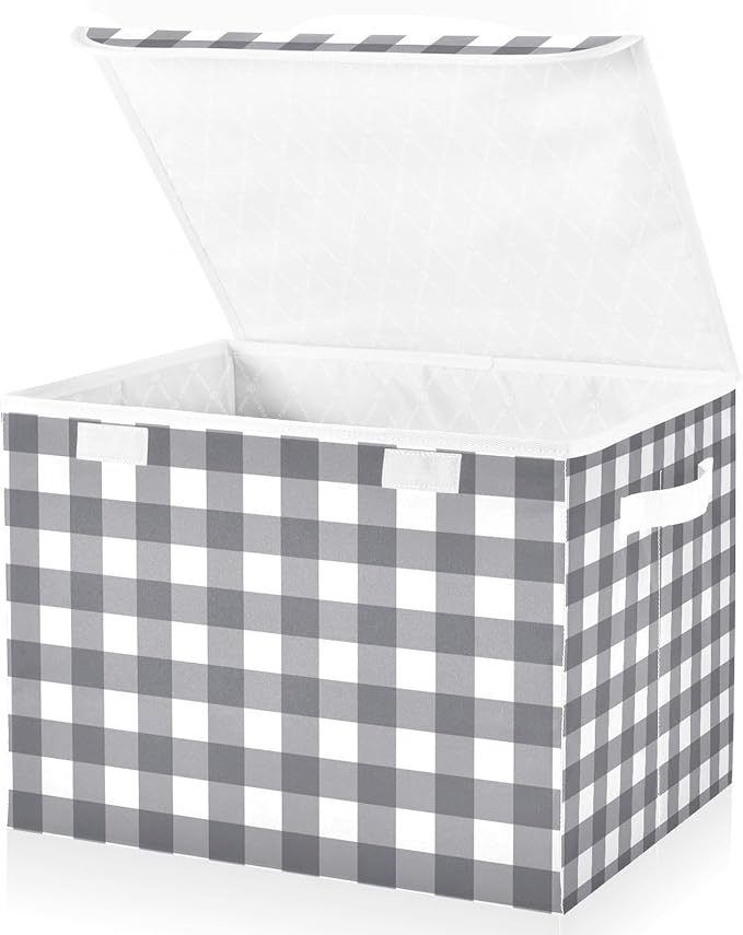Collapsible Storage Bins with Lids Decorative Fabric Storage Cubes Closet Organizer and Storage Basket Boxes Containers for Clothes Box Chest Nursery Folding Rectangle Black Grey Checkered