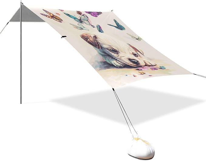 ALAZA Puppy Dog Colorful Butterflies Beach Tent Sun Shelter Portable Canopy Sunshade for Outdoor Camping Picnics Backyard Fun 10x9 ft