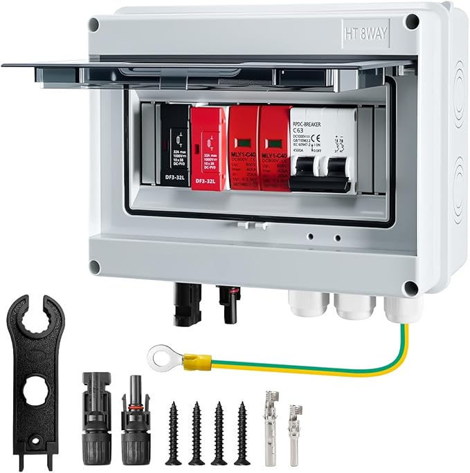 600V Solar DC PV Combiner Box 1 String with Lightning Arrester Connector for On/Off Grid Solar Panel System 1 Input 1 Out 32A Fuse 63A Circuit Breaker Waterproof ABS Enclosure