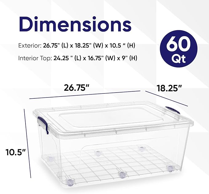 Superio Storage Bins with Lids Clear Plastic Containers for Organizing Stackable Totes BPA Free Odor Free Organizer Boxes for Home and Dorm (2 Pack 60 Quart)